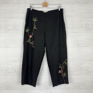Vintage Edward Embroidered Linen Blend Capri Pants Size 16 Black Boho Resortwear